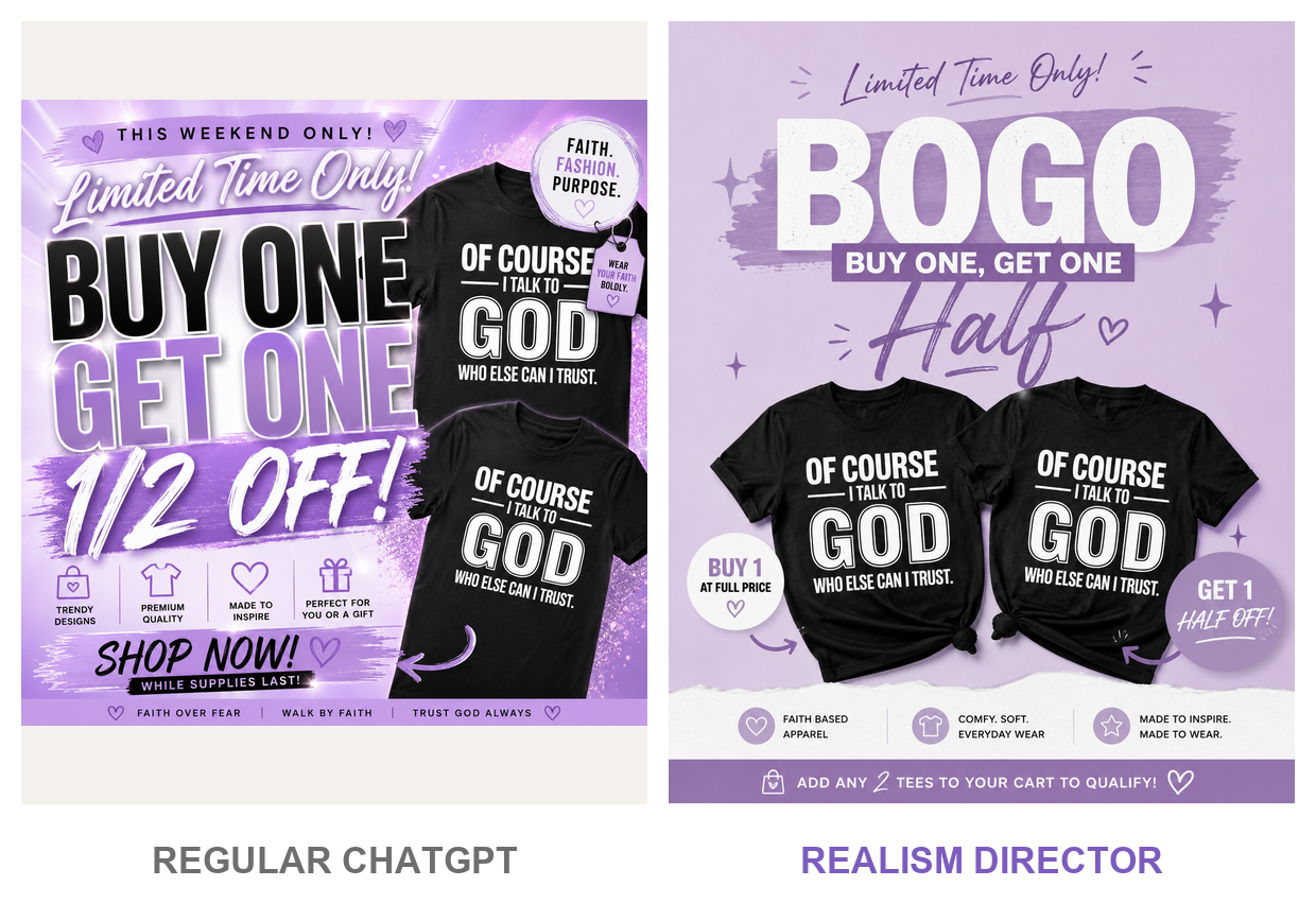 Side by side comparison: the same sale post prompt in regular ChatGPT versus the Realism Director — an overloaded flyer versus a clean minimal design