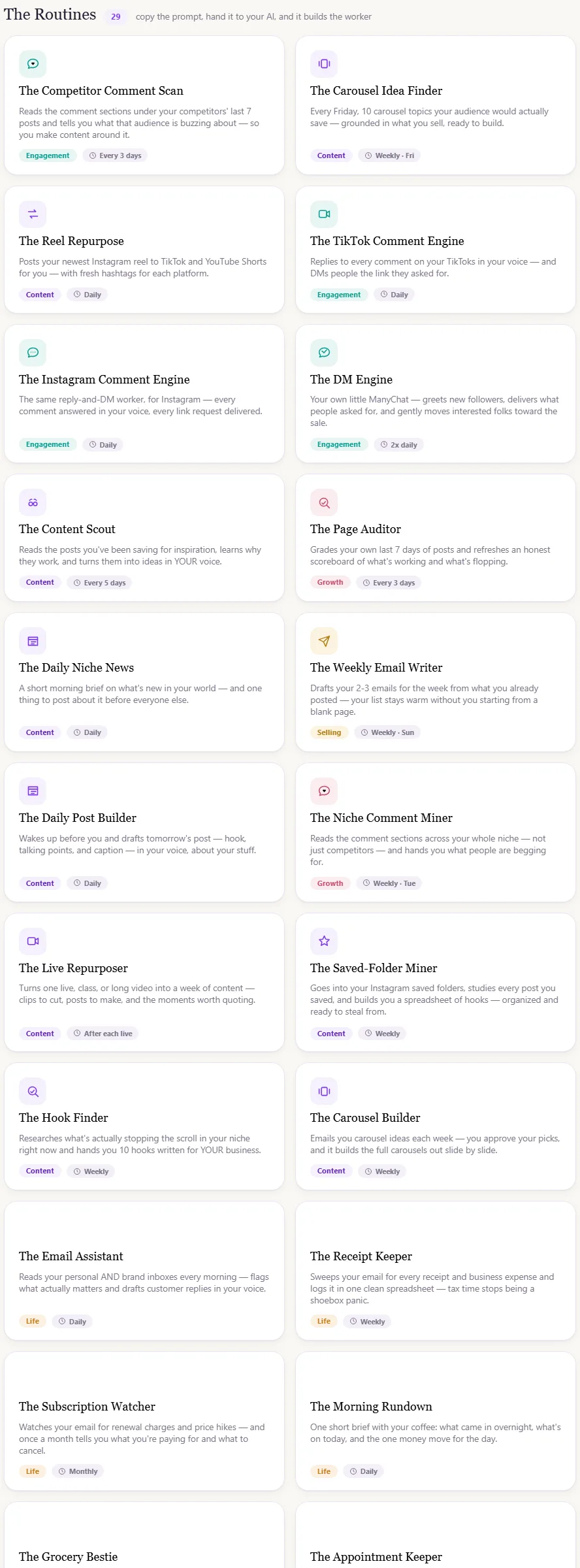 Inside the vault — the routines, each one a copy-paste card