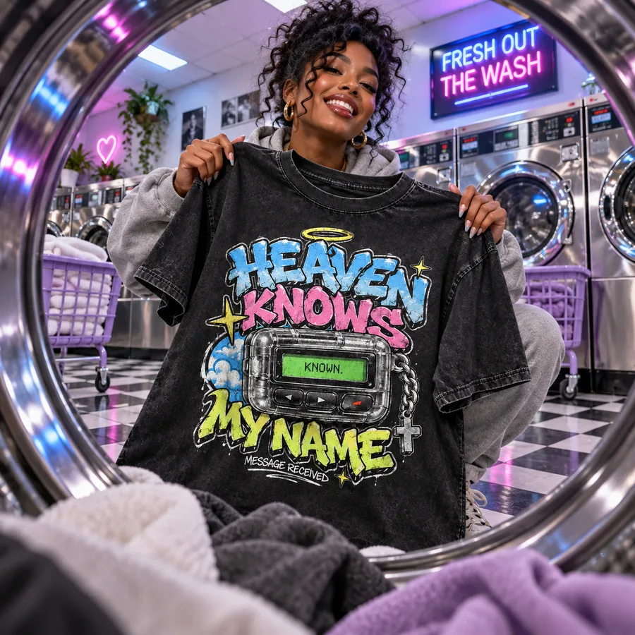 T-shirt campaign photo in a laundromat