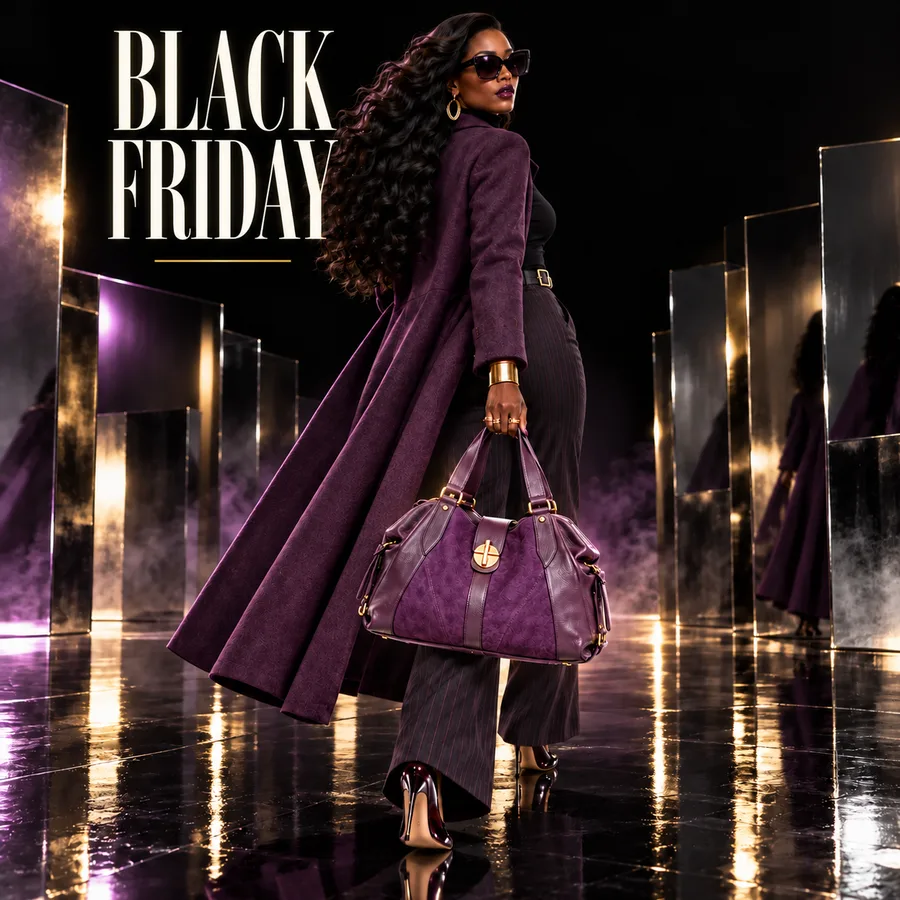 Black Friday campaign photo of a purple purse on a model