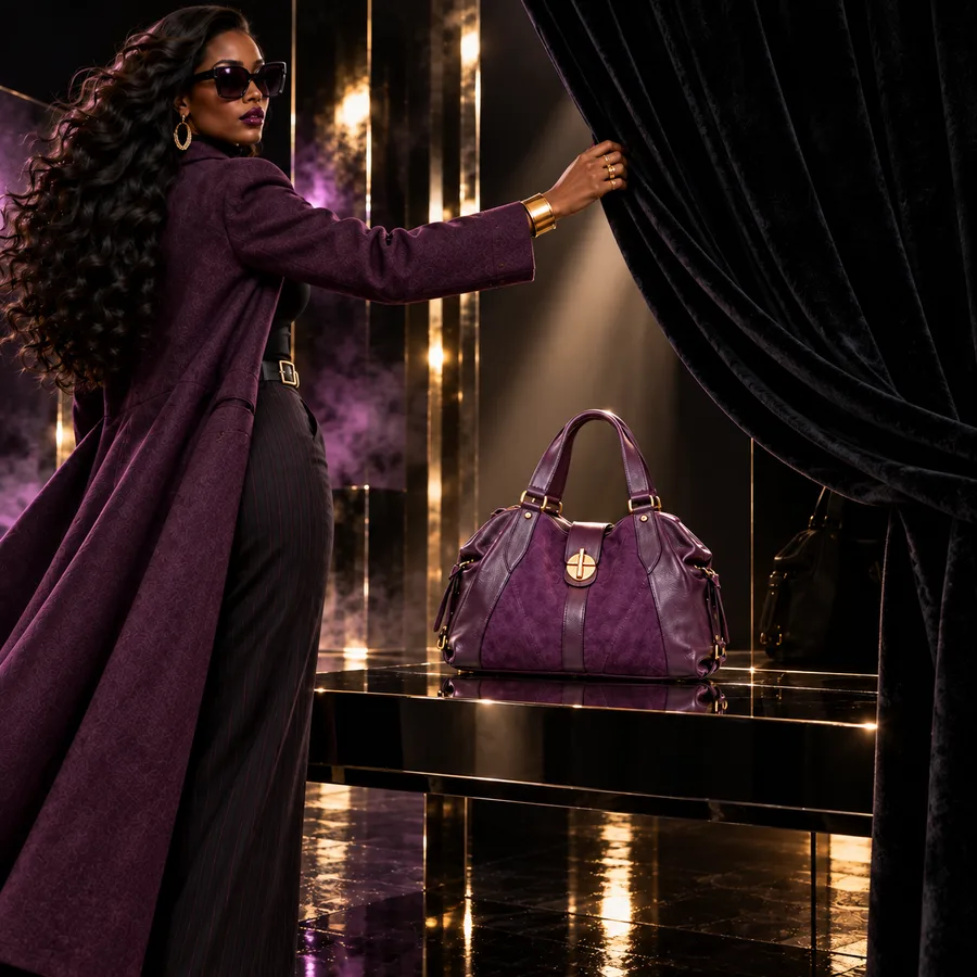 Campaign photo of a model revealing a purple purse