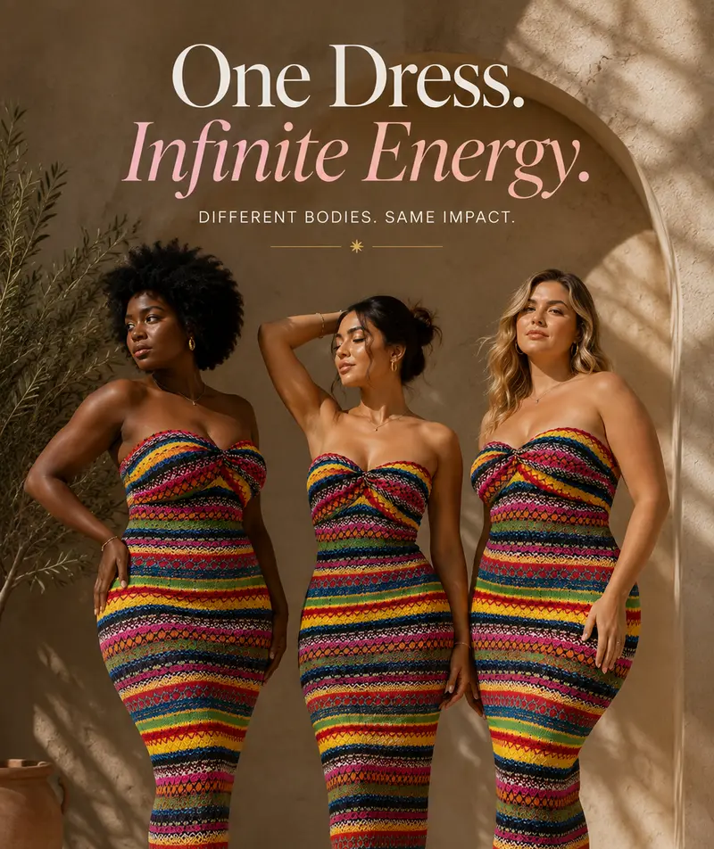 AI marketing campaign image with three women in the same dress