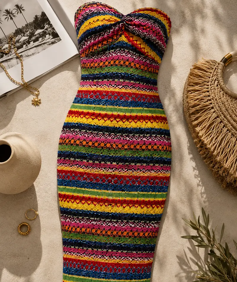 AI flatlay photo of a knit dress styled with accessories