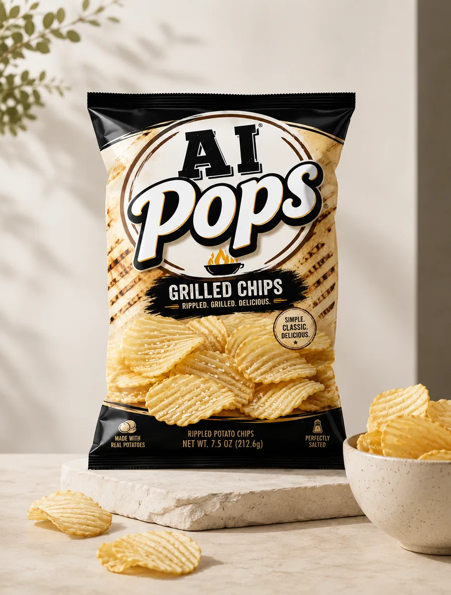 AI product photo of a branded chip bag