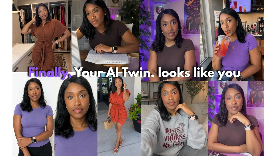 A grid of Coach Tee in different outfits and settings, the same face preserved in every frame