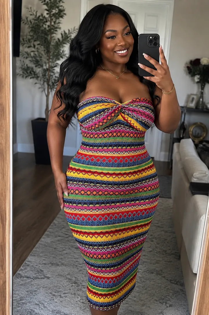 Customer-style mirror selfie wearing the dress