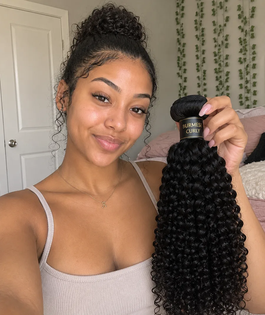 AI UGC-style photo of a woman holding a hair bundle