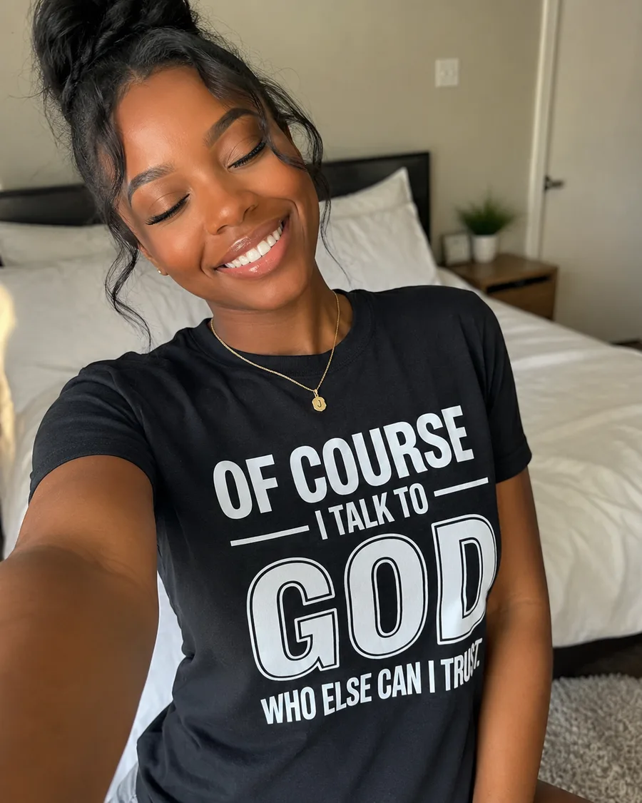 AI UGC-style photo of a woman wearing a graphic t-shirt