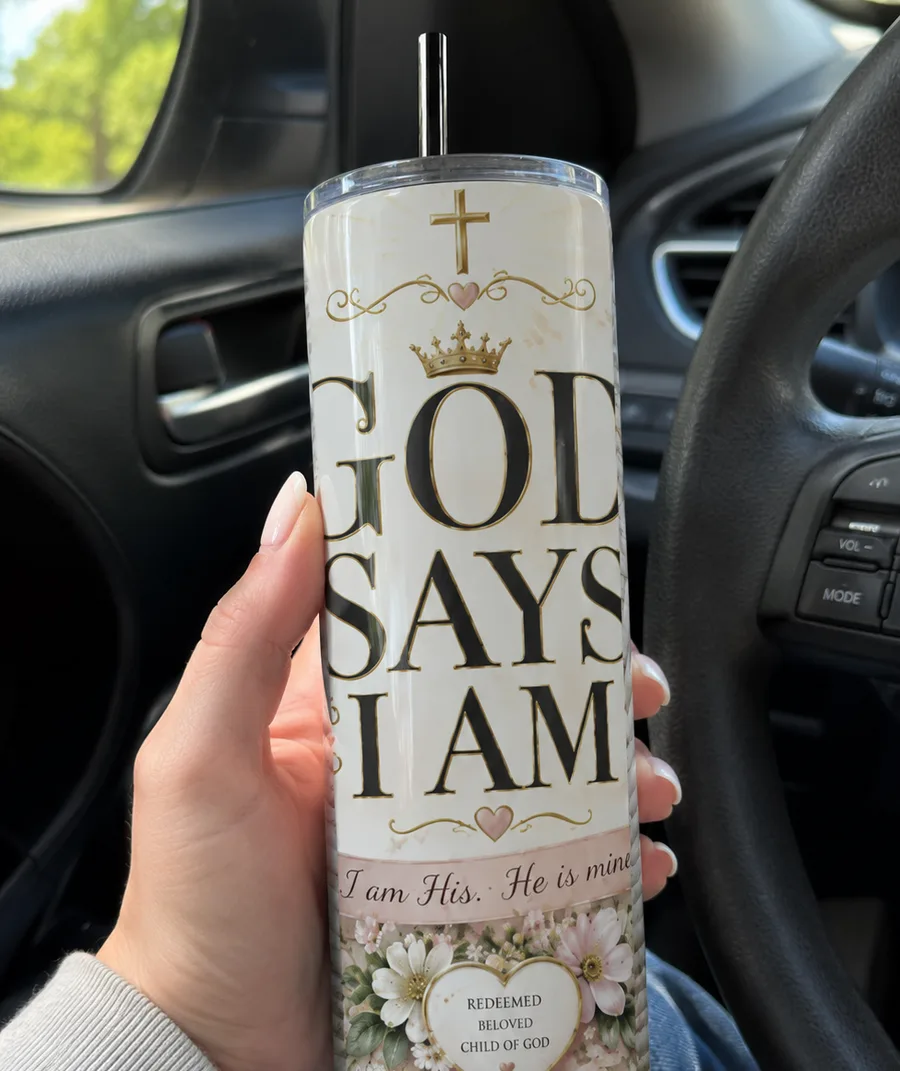 AI UGC-style photo of a hand holding a printed tumbler